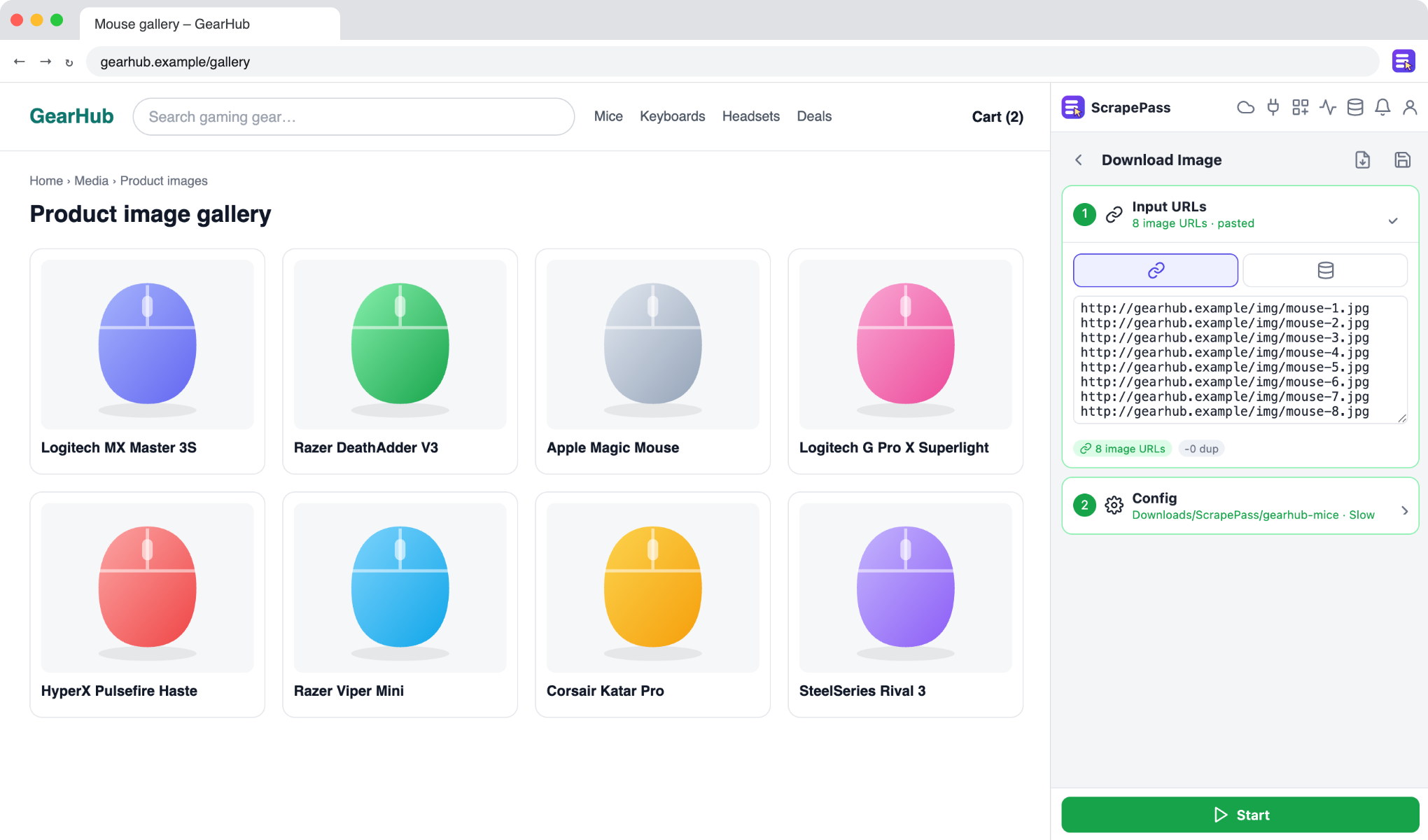 Bulk download: the ScrapePass side panel next to a web page
